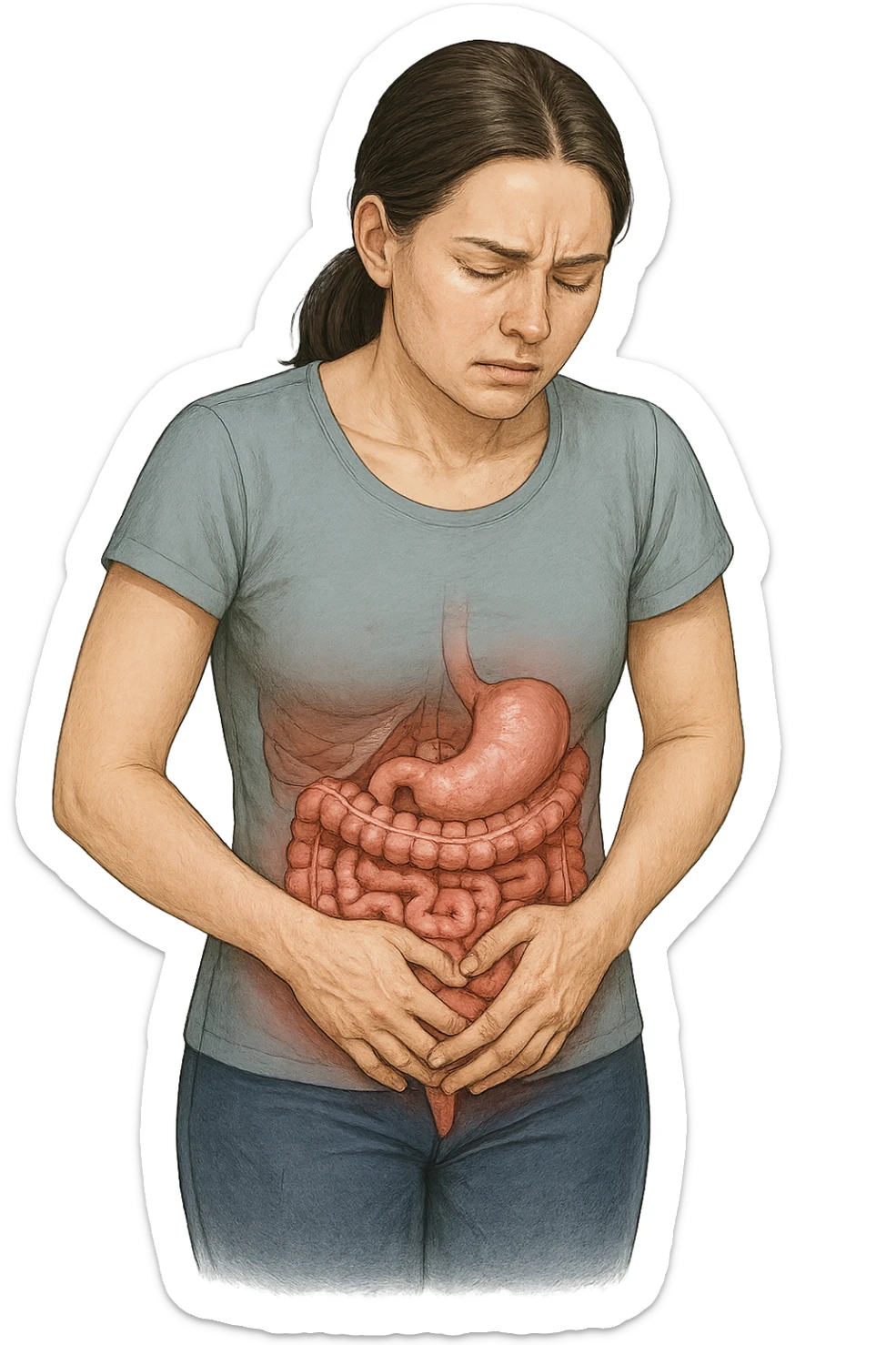 DONNA CON PANCIA DOLORANTE E INTESTINO UMANO ANATOMICO VISIBILE, ISOLATO SU SFONDO BIANCO sticker