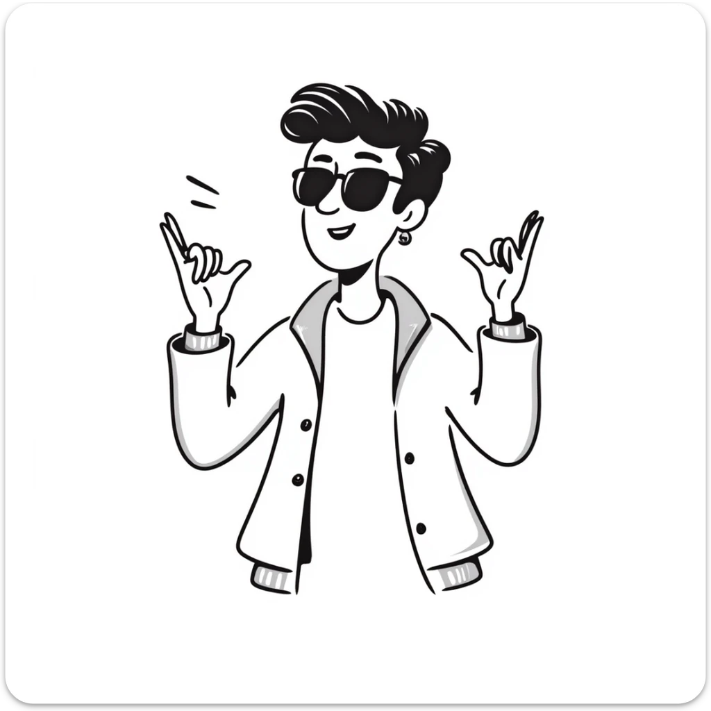 A 30-year-old Latino male with a piercing in one ear, wearing sunglasses, with short David Beckham style haircut, shrugging his shoulders with raised hands in a carefree "whatever, I'm good" gesture. He's smiling confidently while wearing a t-shirt with a light jacket sticker