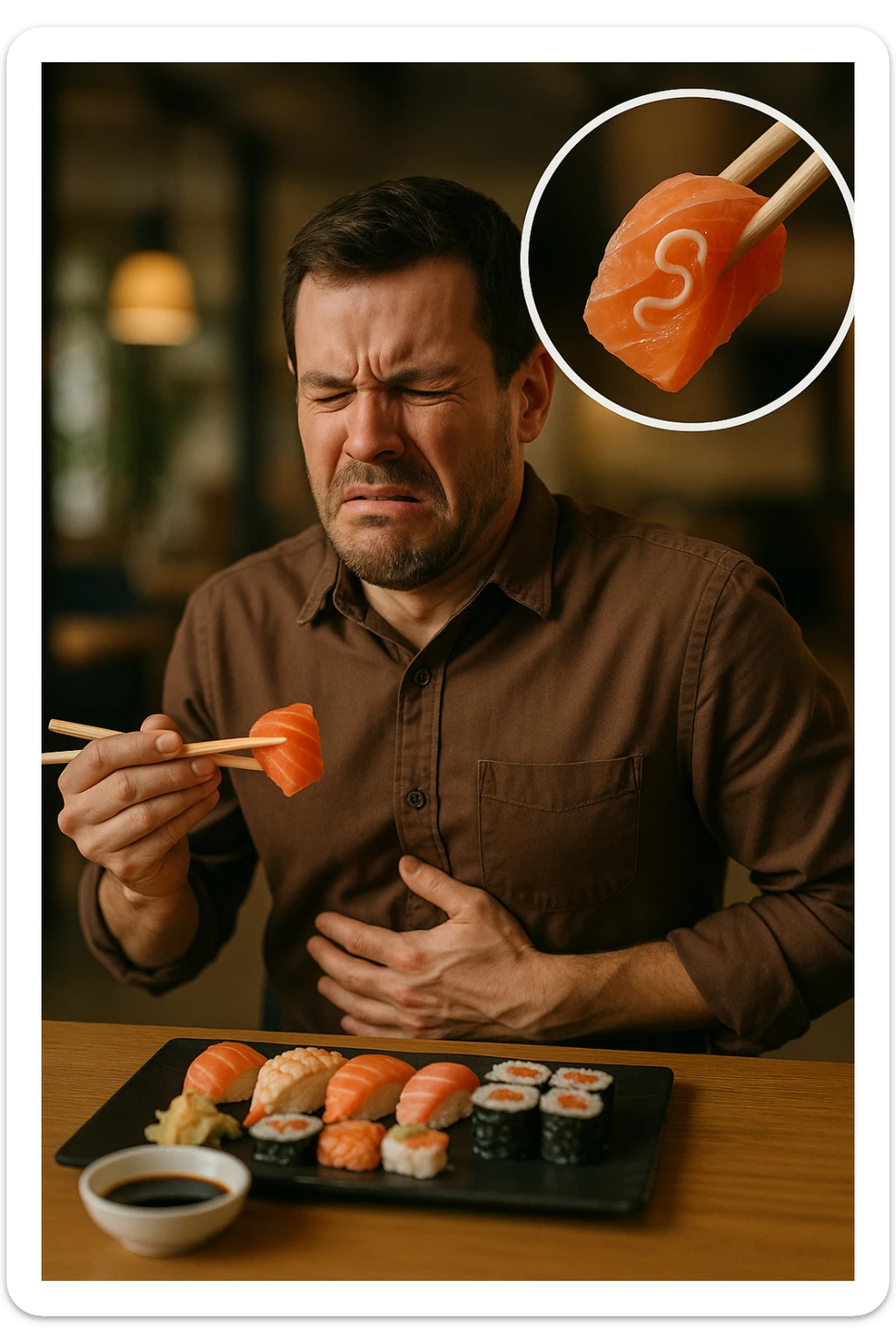 a man sits at a restaurant table, eating a plate of raw fish (such as sushi or sashimi). In a magnified inset, an Anisakis larva is visible inside a piece of fish. The man’s expression changes from enjoyment to sudden discomfort, holding his stomach with a pained look. The background is softly blurred, focusing on the man and the food. in italiano sticker