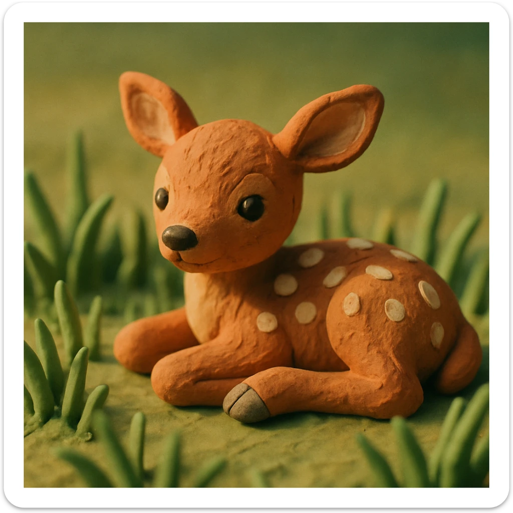 fawn with spots, lying in grass, soft lighting, cute and detailed fur, claymation style sticker