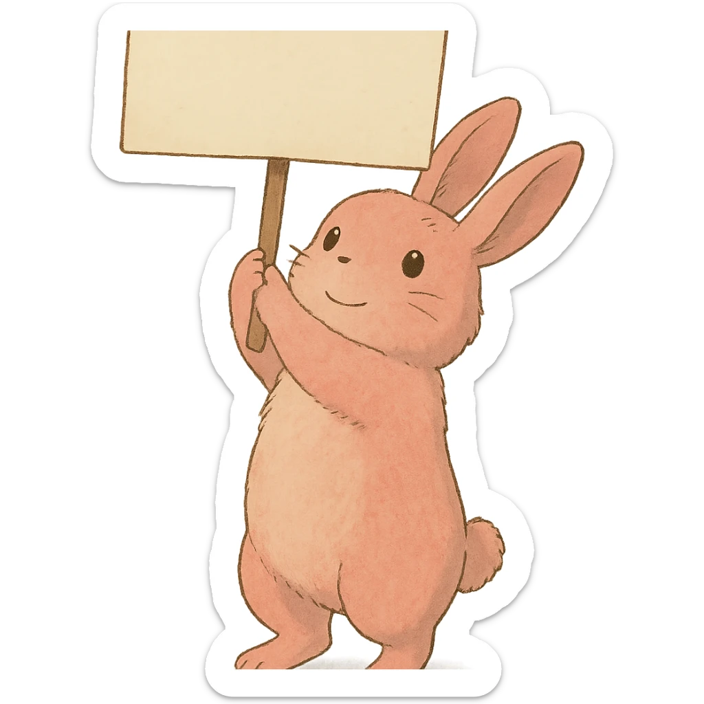 full-body rosy bunny holding a signboard high above its head, soft Ghibli style sticker