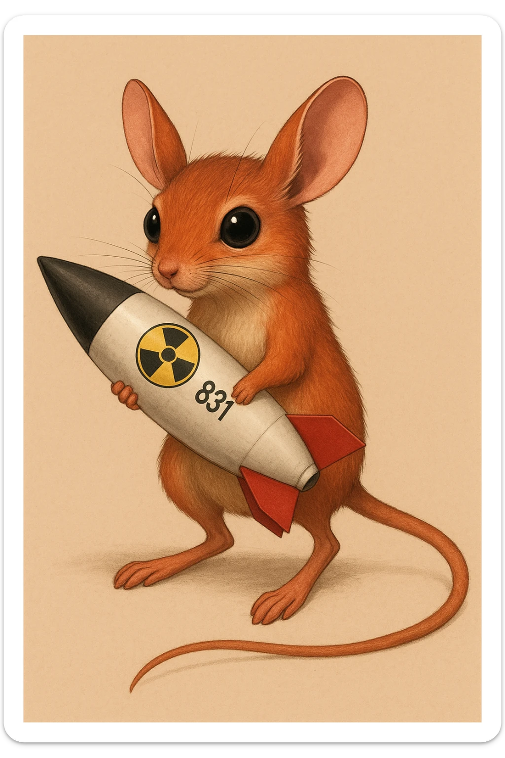 Сгенерируй красного тушканчика с ядерной бомбой в руках как на изображении. У тушканчика длинный хвост. На однородном фоне sticker