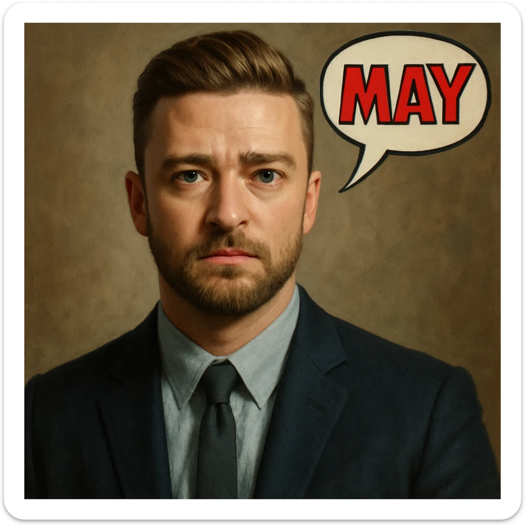 realistic digital painting of a Justin Timberlake lookalike with 'MAY' in a comic bubble sticker