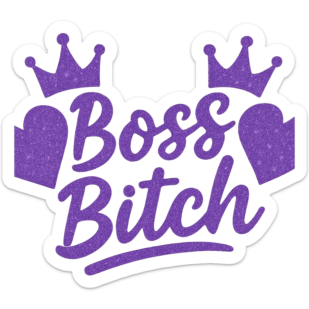 Purple Hearts and crowns with glitter and the words boss bitch, remove background sticker