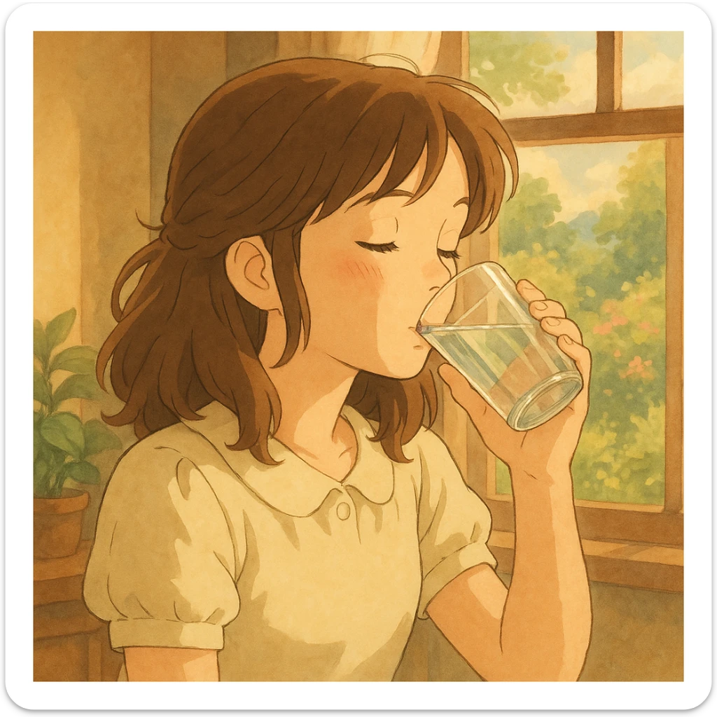 girl drinking water, soft colors, gentle expression sticker