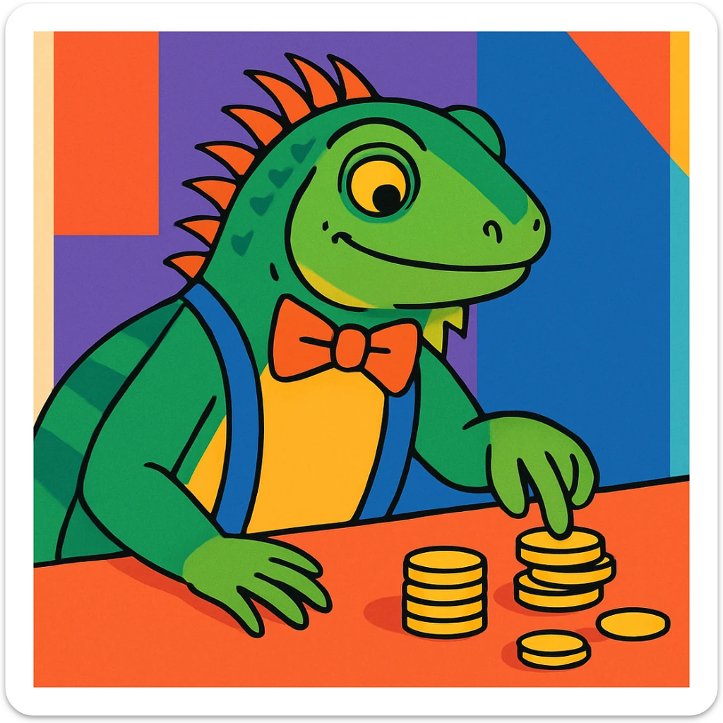 an iguana with a bow tie and suspenders, counting coins, in a colorful, modern illustration style sticker