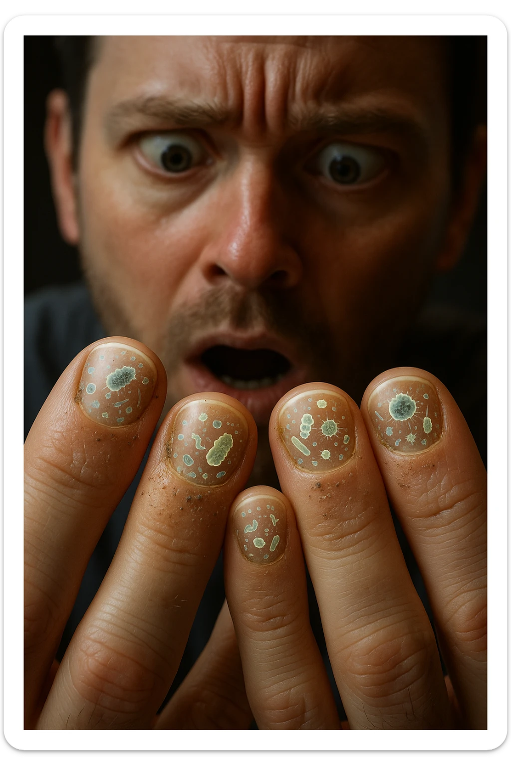 "Close-up macro shot of man's fingernails with transparent overlay showing dense colonies of bacteria, viruses, and parasites thriving in nail beds, millions of pathogens visible as glowing microscopic organisms, expression of shock as he examines his hands under magnification, nail debris containing more germs than toilet water, fingertips becoming mobile germ factories" sticker