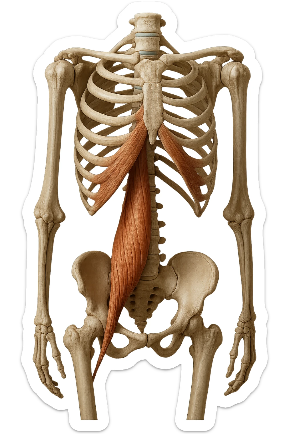 fai un immagine identica che riguarda IL MUSCOLO PSOAS i in evidenza (anatomicO) con colori naturali di un corpo umano. falla iperrealistica anatomica in 4k sticker