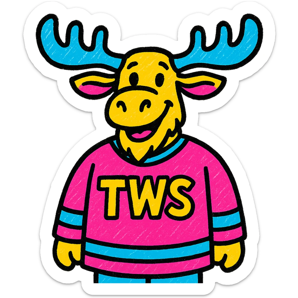 a vibrant, colorful style moose wearing a 'TWS' hockey jersey sticker