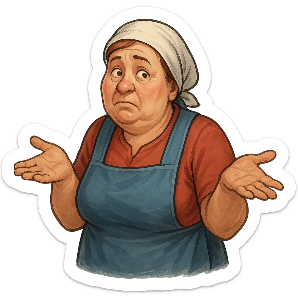 В позе этого мема сгенерируй типичную российскую продавшицу в продуктовом магазине, которая недоуменно разводит руками, слегка рисованный, но при этом объемный стиль, прозрачный фон sticker