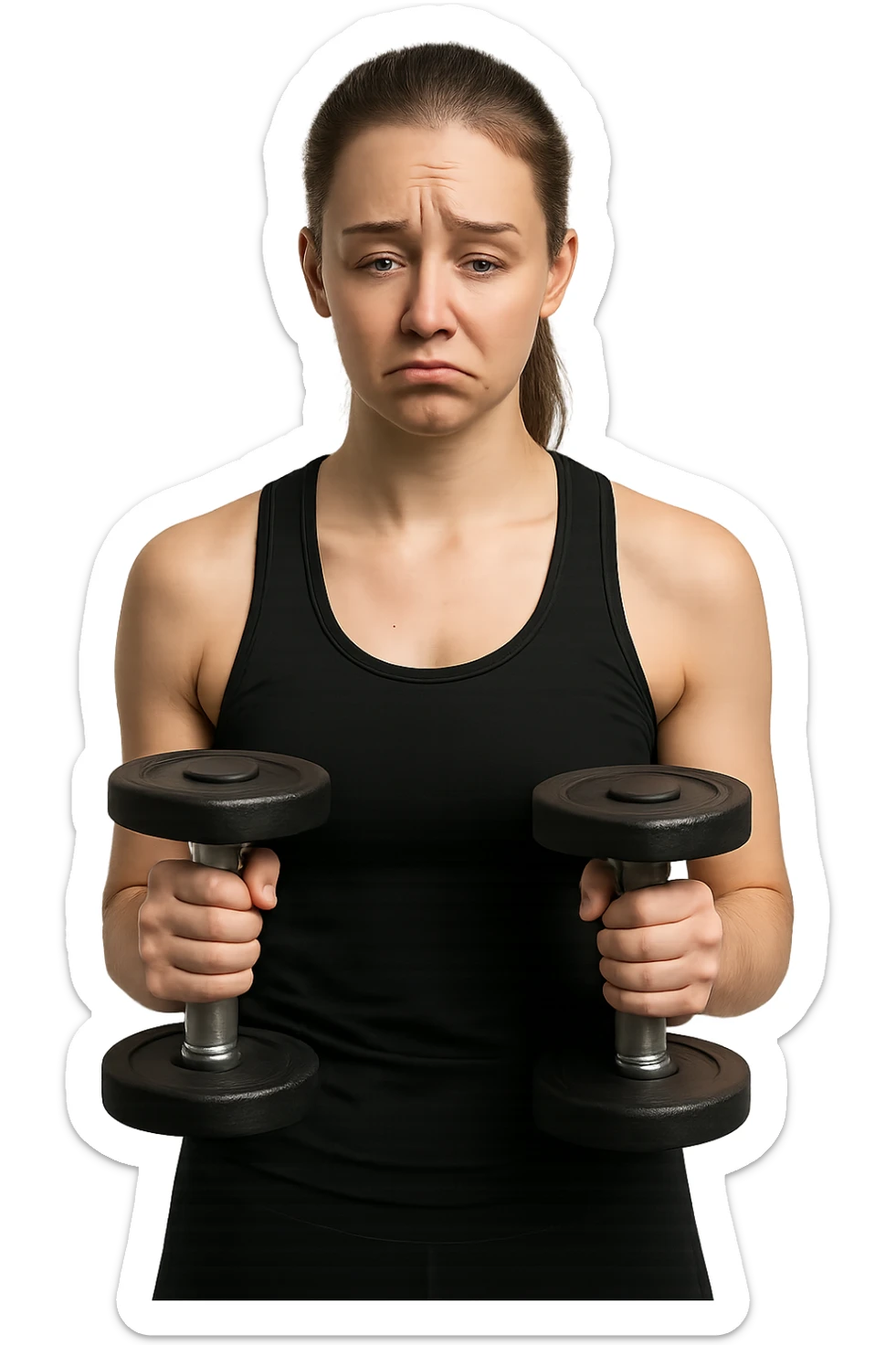 DONNA FITNESS CON MANUBRI DA PALESTRA IN MANO ED ESPRESSIONE TRISTE sticker