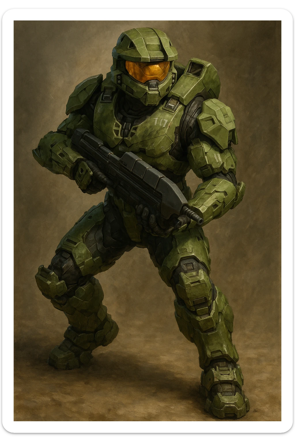 Master Chief from the Halo video games, full armor, helmet, iconic green color, sci-fi soldier, detailed, dynamic pose sticker