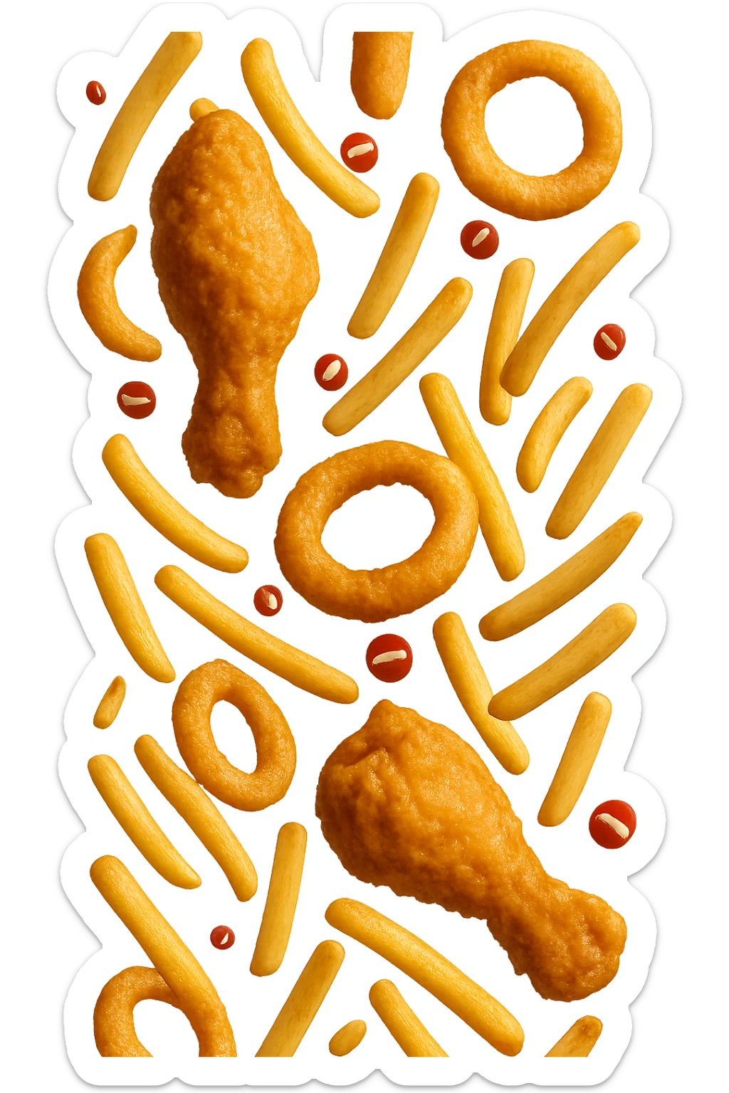 cibi fritti cadono verticalmente dall'alto con piccoli divieti in 3d, iperrealistico 4k sticker