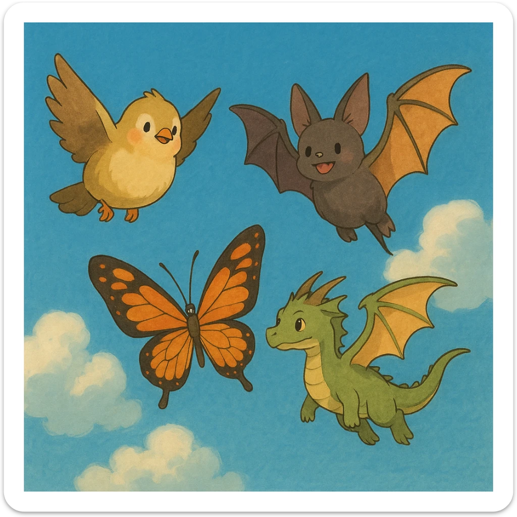 a whimsical collection of animals with wings including a bird, bat, butterfly, and dragon in ghibli style sticker