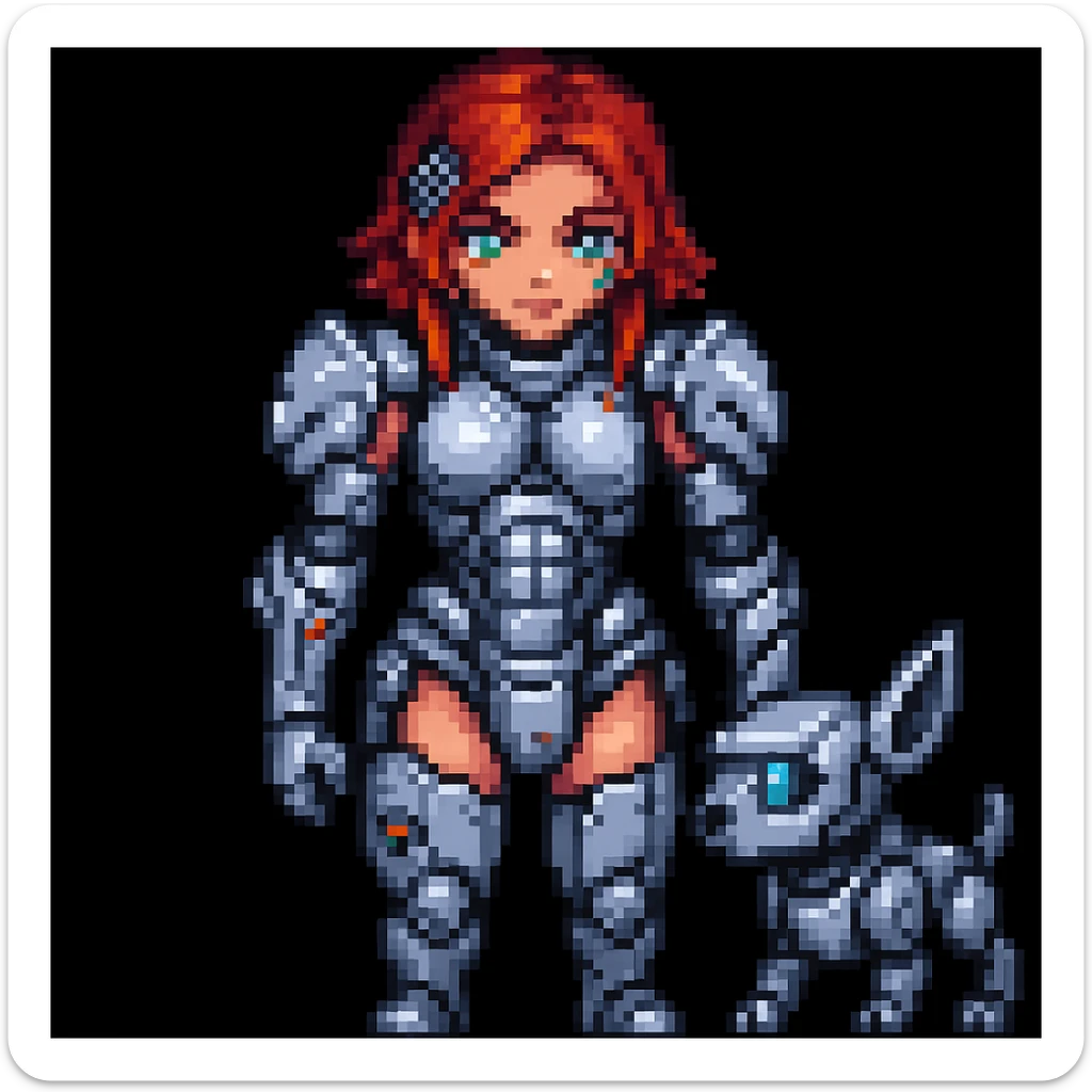 Add a small robotic pet next to the cyborg girl warrior in pixel art style. sticker