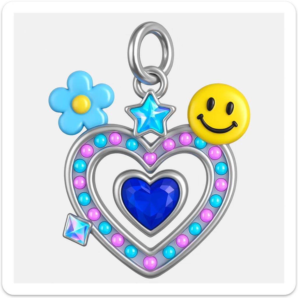 convert to a Y2K style charm: add a silver jump ring to the top for attaching to a bracelet or necklace, keep the holographic diamond, blue sapphire accent, and playful Y2K details, 3D emoji style sticker