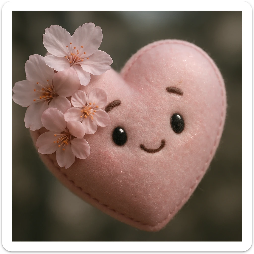heart with sakura flowers and pink shimmer, plush portrait style sticker