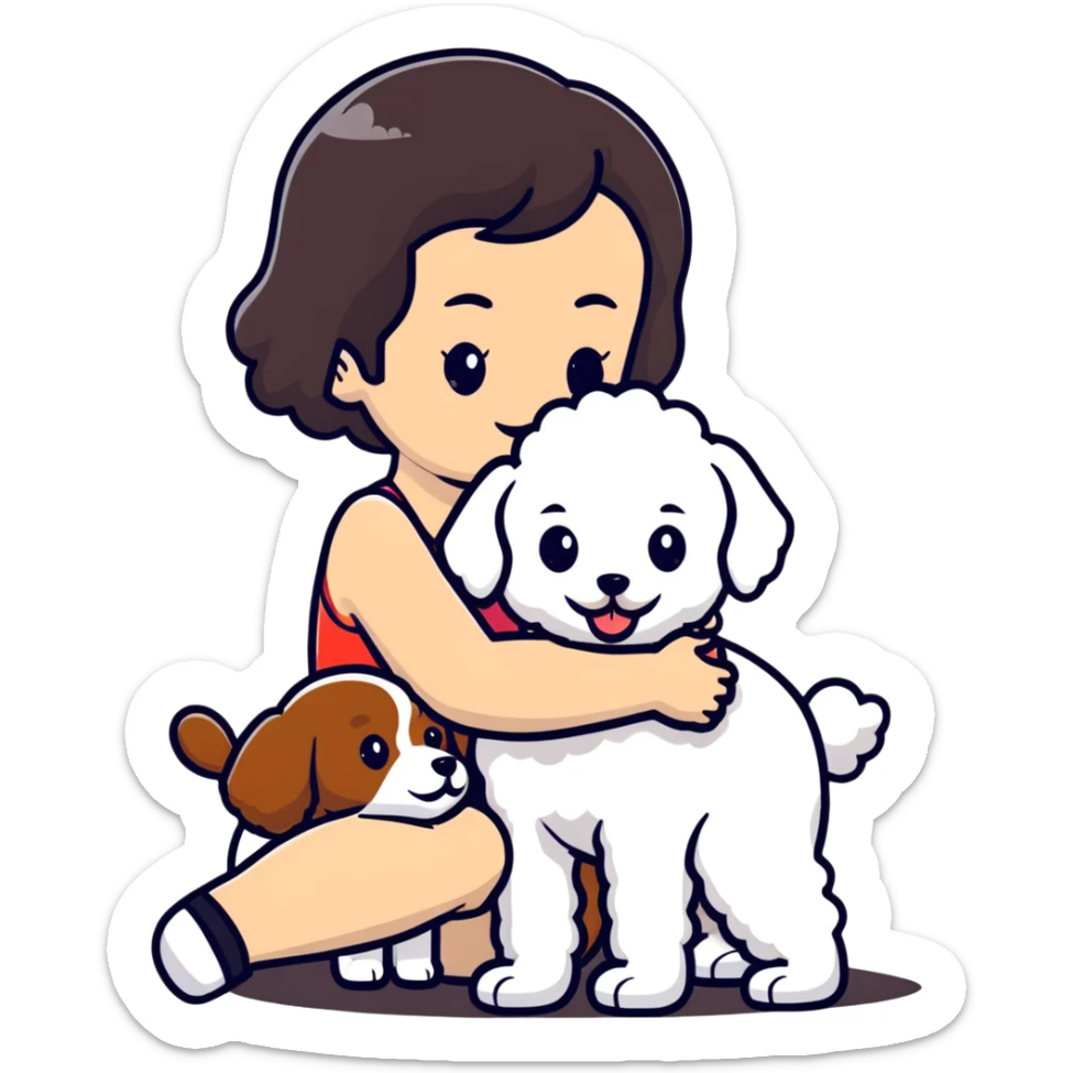 woman with short black hair hugging a brown poodle and a white bichon frise sticker