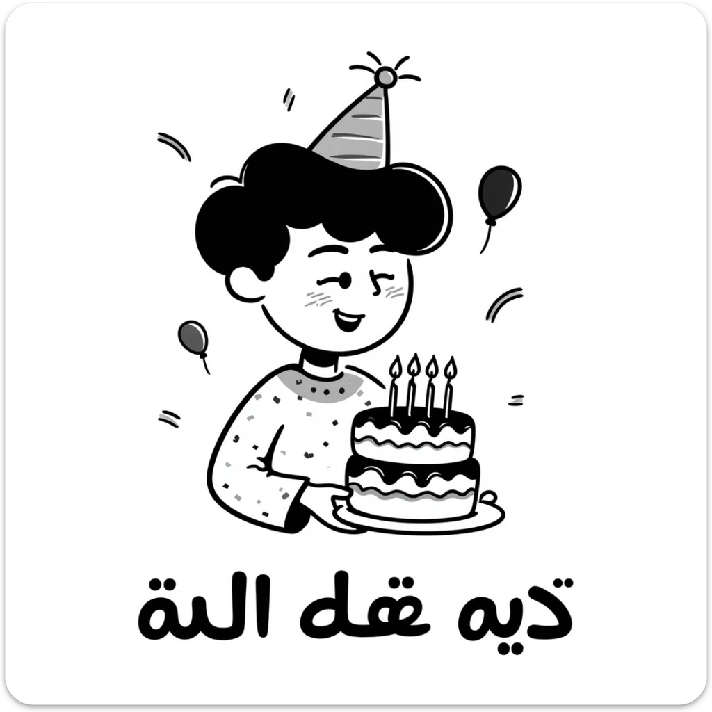 Extremely colorful and bright drawing of a cheerful boy with a birthday cake, rainbow colored decorations and party elements. At the bottom in large, bold, prominent Persian text write: "امیدرضا جان تولدت مبارک" sticker