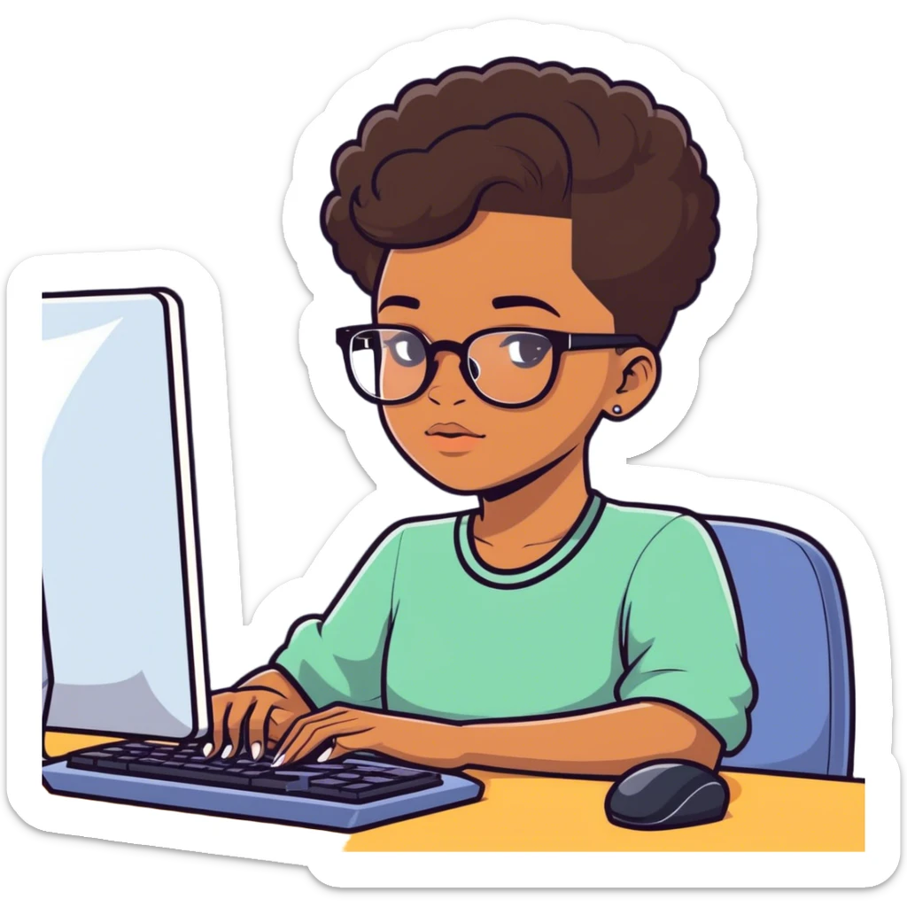 Light skinned Black girl with glasses natural haircut shaved sides working on computer sticker