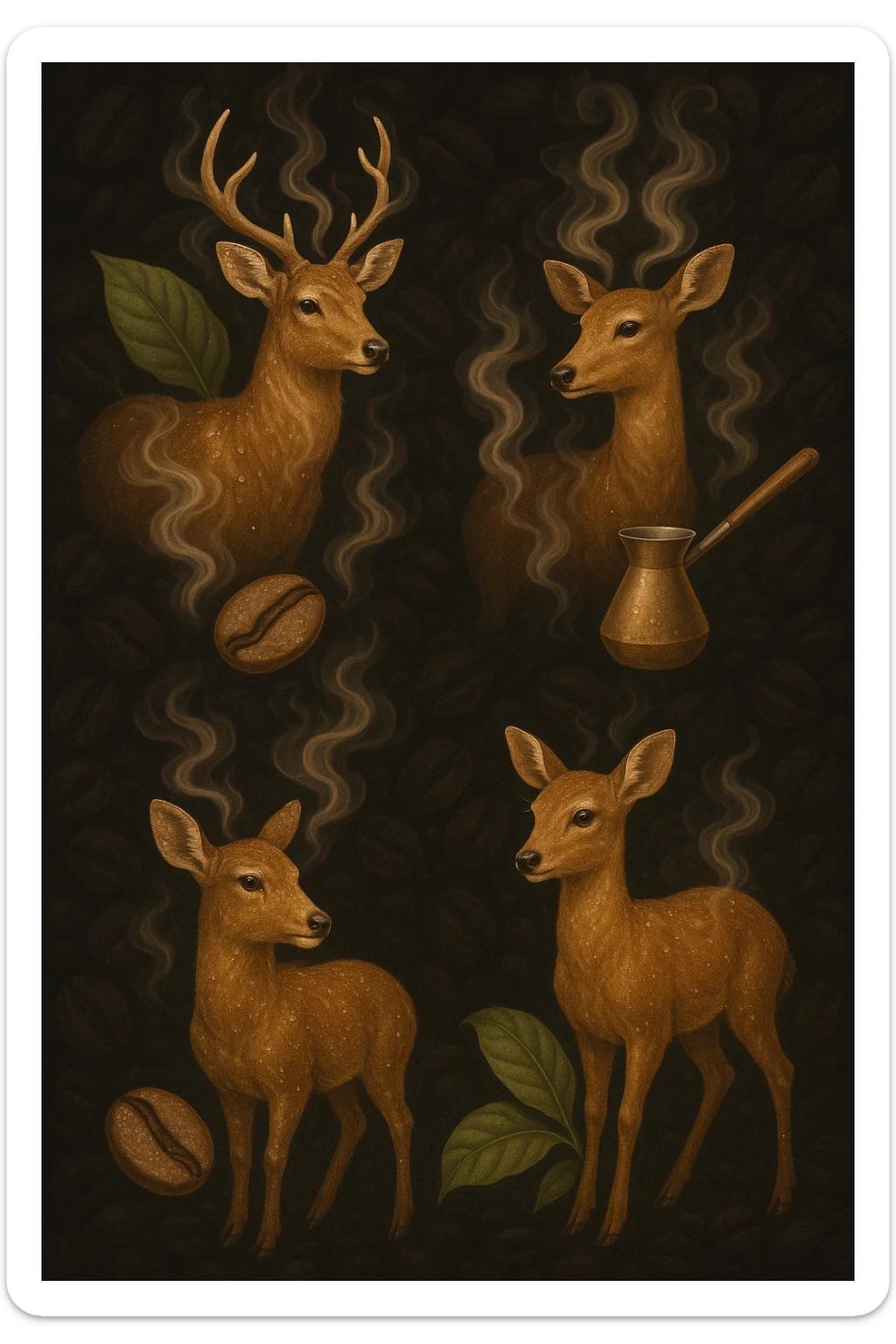Four golden-brown deer, highly realistic, with fine water droplets on their fur. Each deer emits a light coffee aroma, visually represented by soft, swirling steam like freshly brewed coffee. Subtle coffee heritage elements such as Ethiopian coffee bean, Turkish cezve, and coffee tree leaf are tastefully integrated. Fine, out-of-focus dark coffee bean texture background with transparent edges, logo-level resolution. sticker