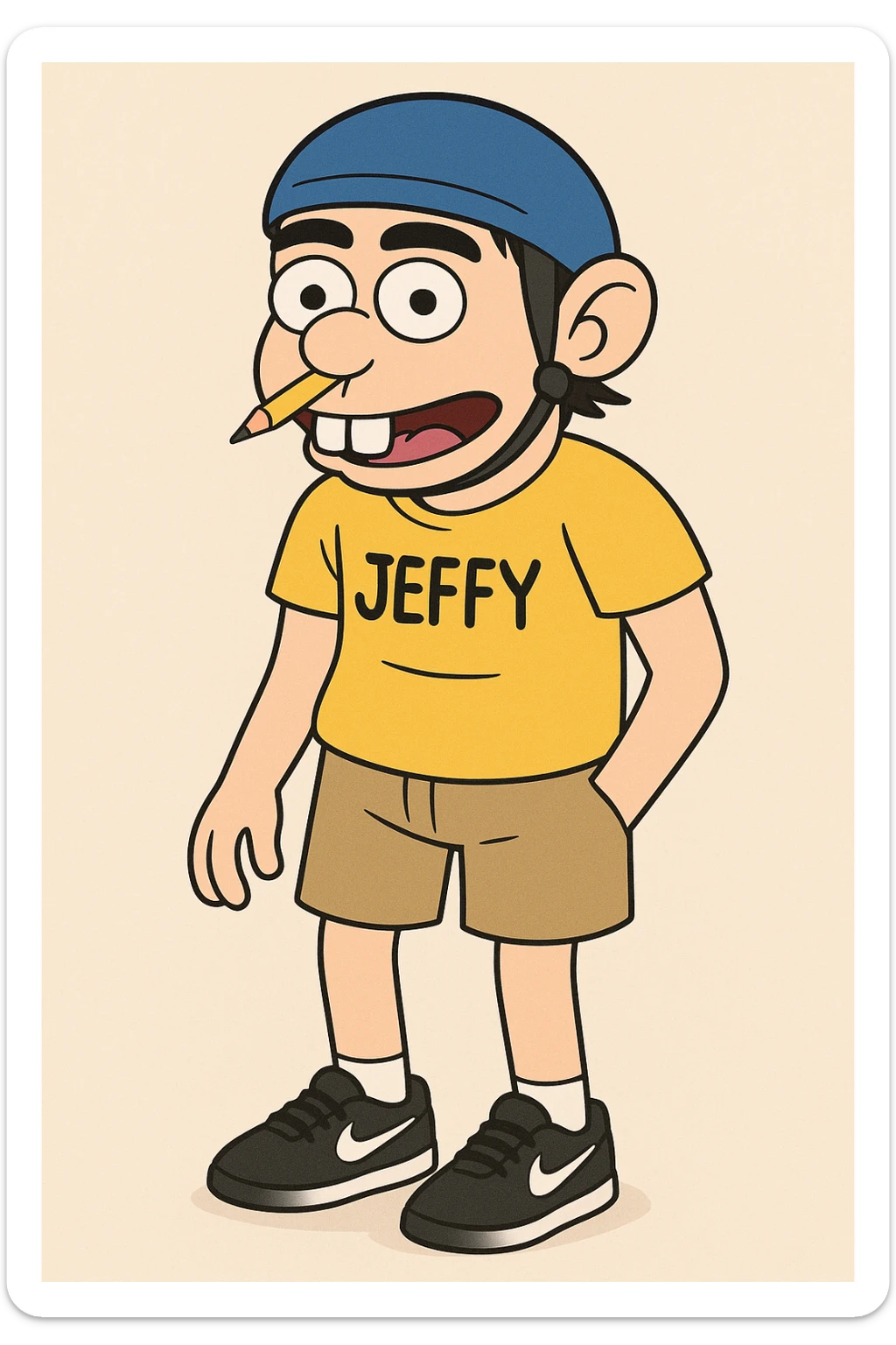 20-year-old boy with a blue helmet, pencil on his nose, bunny teeth, yellow shirt with text 'JEFFY', black Nike shoes, black eyebrows, cartoon style, fun and quirky look sticker