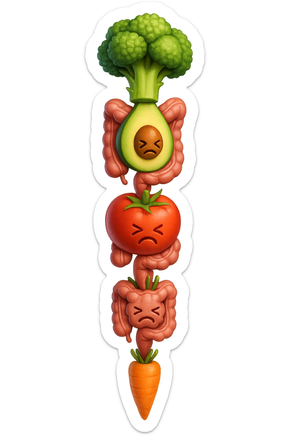 cibo sano fluttua in aria verticalmente stringendo piccoli colon umani, stile emoji iphone, iperrealistico 4k sticker