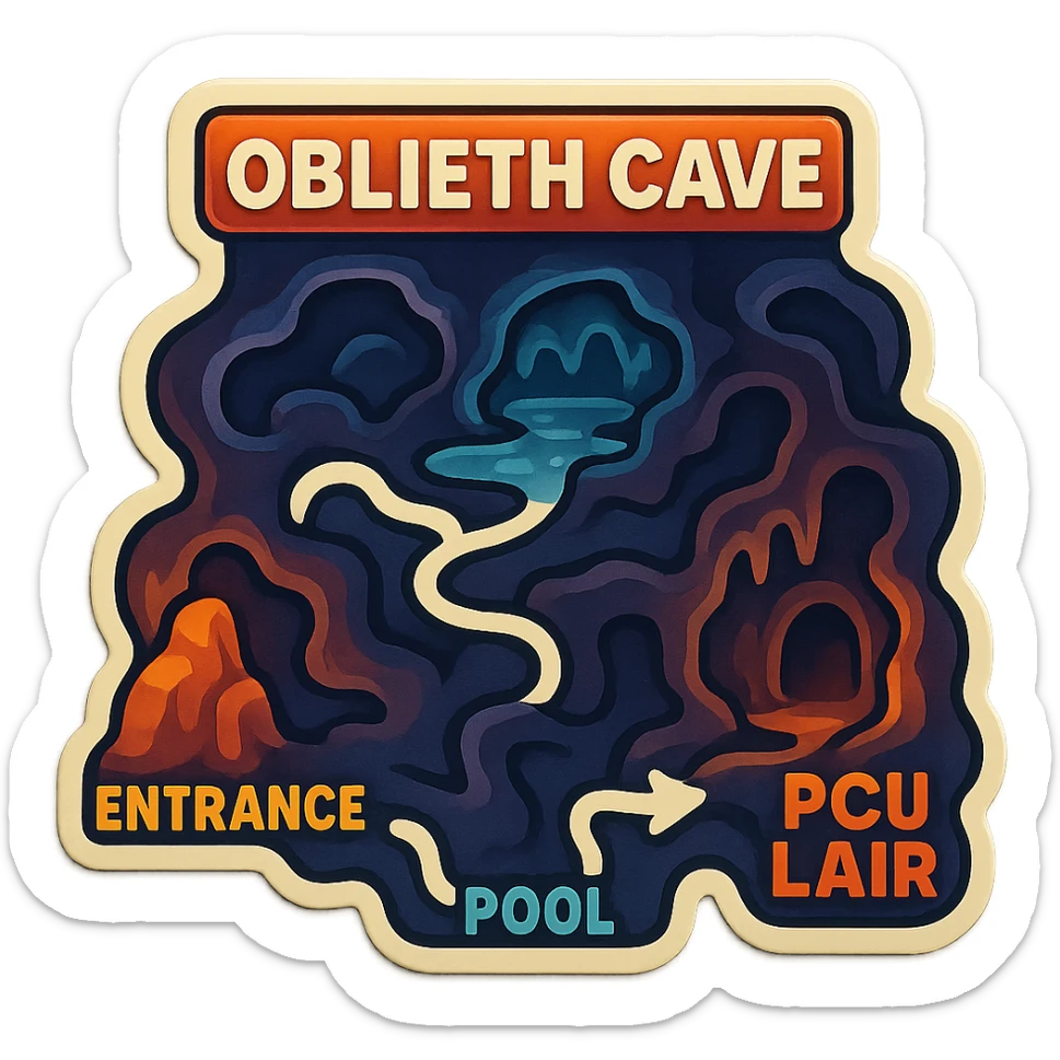 a hand drawn map of how to navigate the Oblieth cave system to find the PCU Lair sticker