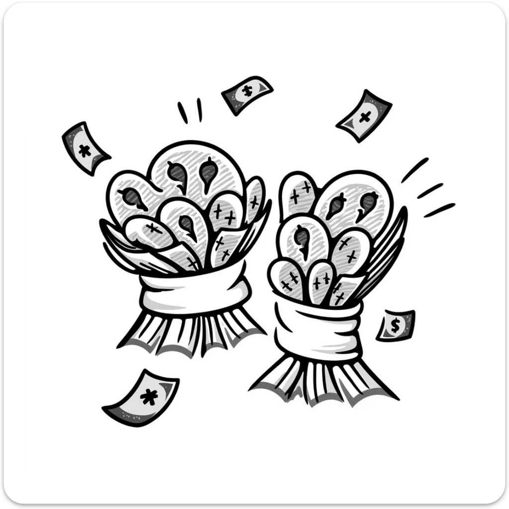 two bundles of cash, hand-drawn doodle style, loose bills, sketchy lines sticker