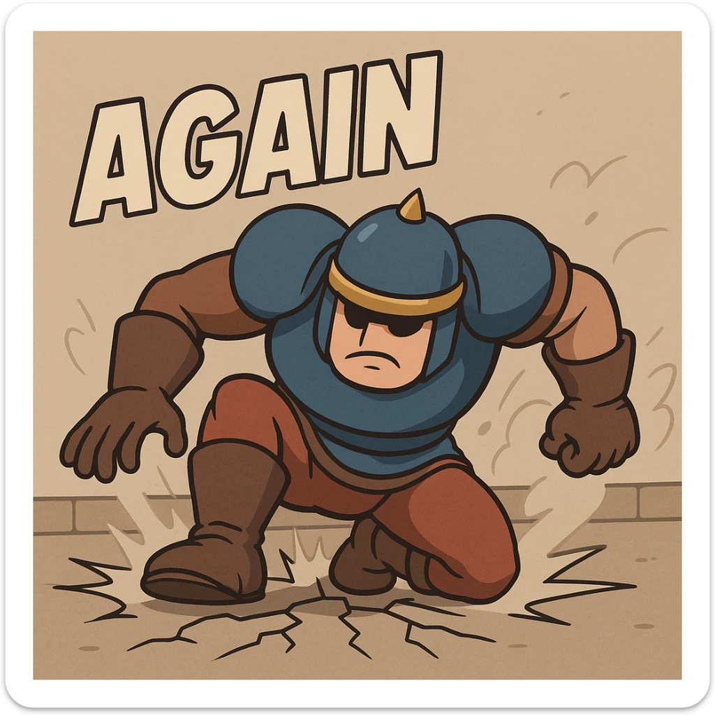 Jump King character from the game, landing hard on the floor, dynamic action pose, with the word 'Again' in bold, comic-style text sticker