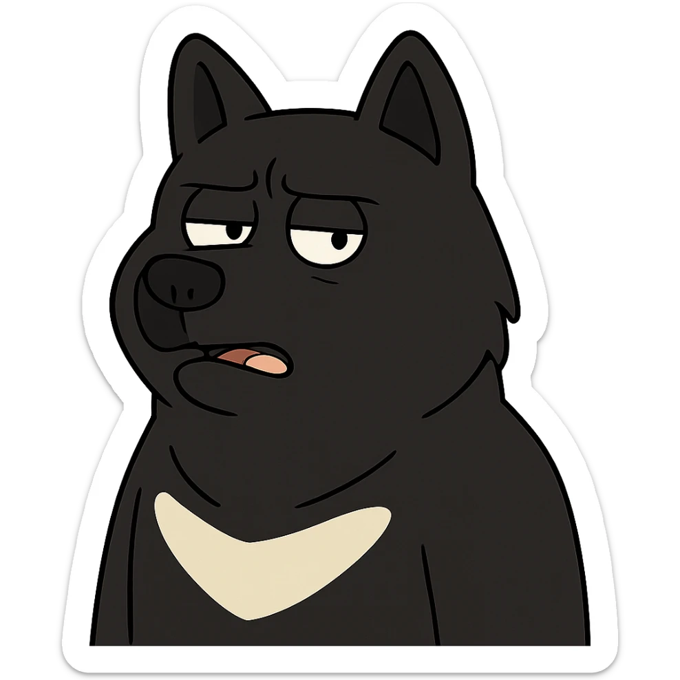 completely black akita dog head, bear-like features, pointy ears, cartoon style sticker