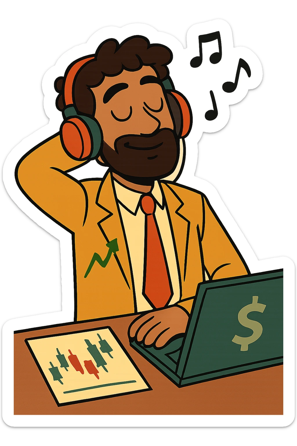 relaxed trader in headphones listening to music, flat modern style, bright saturated colors golds greens reds, minimal but expressive, universal look sticker