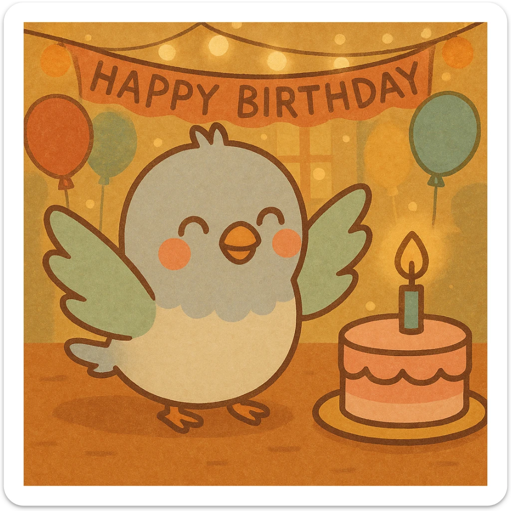 Change the background to a party venue with balloons, banners, and bright lighting. Keep the baby pigeon happily looking at the birthday cake as is. The atmosphere should be lovely and charming. sticker