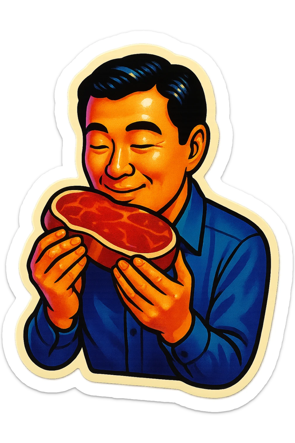 A Japanese man with a loving look holds a steak in his hands, preparing to eat it sticker