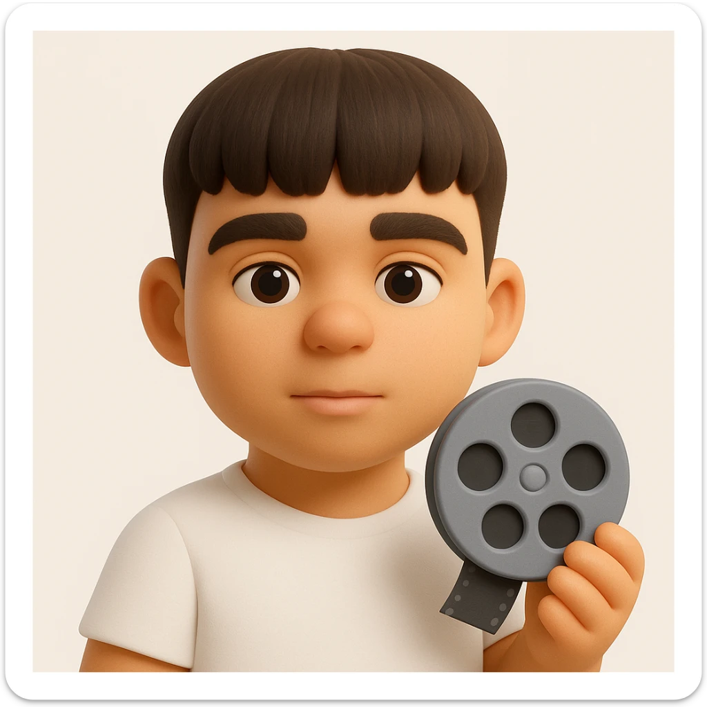Create a 3D emoji style image of the person in the reference photo, wearing a white shirt and holding a cinema symbol such as a film reel or clapperboard. The style should emulate the microsoft style 3d fluent emojis with a focus on 3D appearance and details. sticker