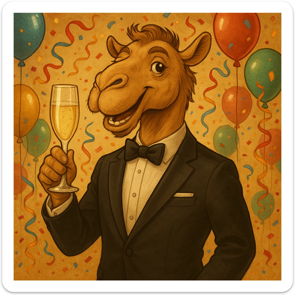 Add a festive party background with balloons and confetti, keeping the camel in a suit sipping champagne as the focus. sticker