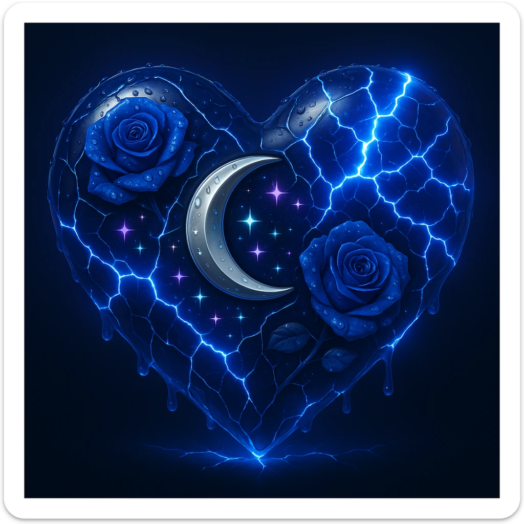 Add more neon lightning effects to the gothic heart made of deep blue glass, with silver crescent moon, midnight blue roses, holographic stardust, drenched look, splintered glass texture, in the style of 3D emoji style. sticker
