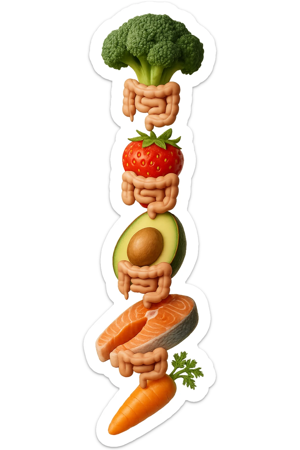 cibo sano fluttua in aria verticalmente stringendo piccoli colon umani, stile emoji iphone, iperrealistico 4k sticker