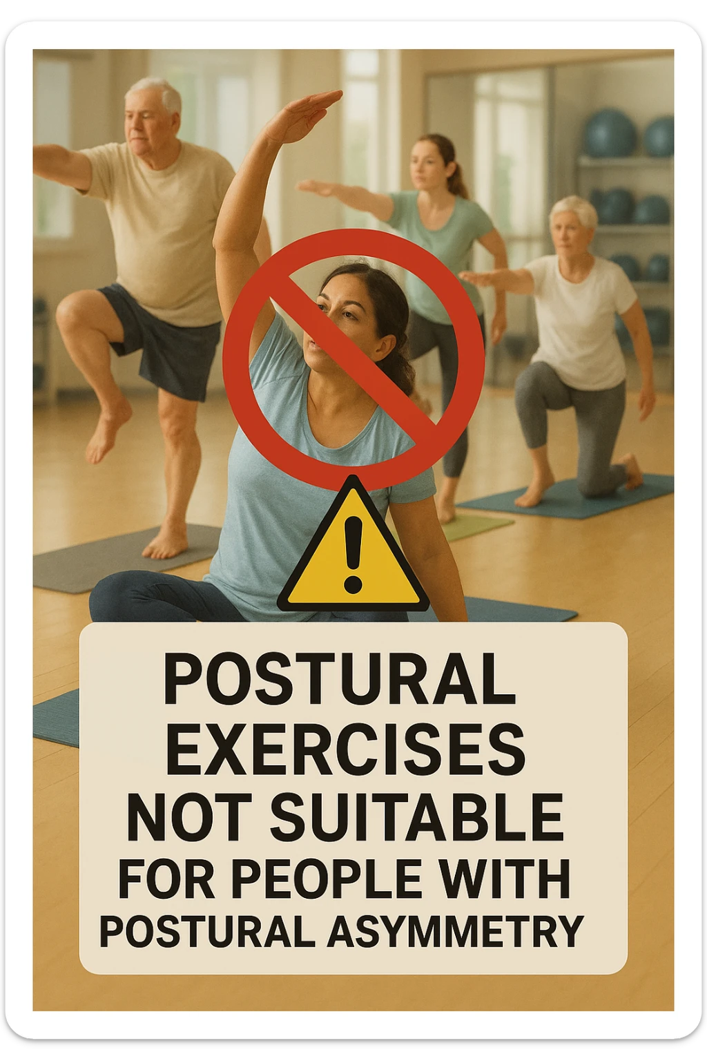 cinematic vertical medical illustration of a group postural exercise class in a bright studio, several adults of different ages and body types performing classic postural exercises like stretching and balance poses on yoga mats, large red prohibition symbol and warning sign in foreground indicating general postural exercises not suitable for people with postural asymmetry, softly blurred background with mirrors and exercise equipment, natural soft lighting, clear educational mood sticker