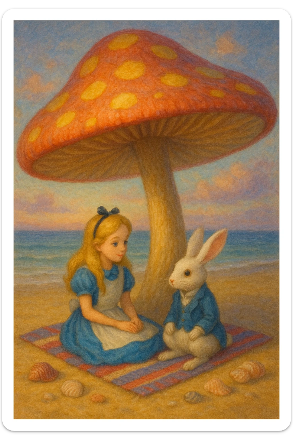 Alice and the White Rabbit sitting together on a beach towel under a giant mushroom parasol, magical, soft lighting, seashells nearby sticker