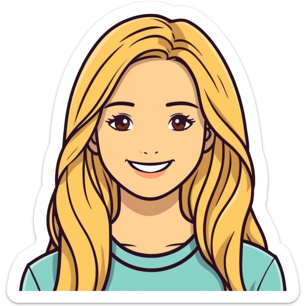 Woman, long blonde hair, brown eyes, white skin, smile sticker