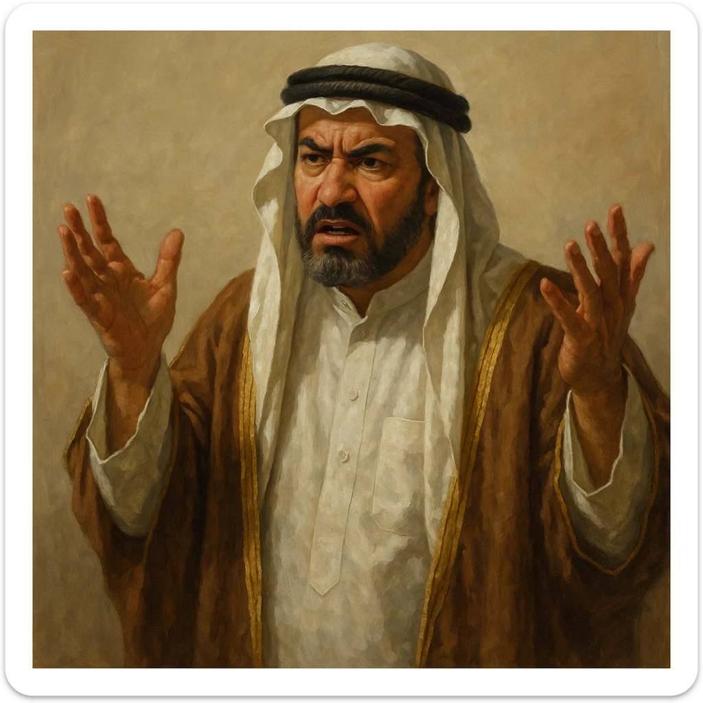 Сгенерируй араба в национальном  костюме, он чуть недоволен и размахивает руками, в стиле реалистичной живописи. . На однородном фоне sticker