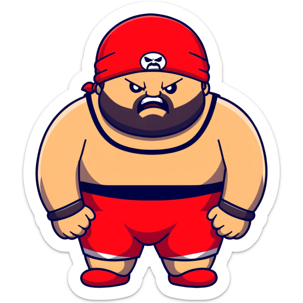 White skin fat guy with prominent black durag, shaved beard stubble, black eyes in a red and black wrestling singlet with angry face sticker