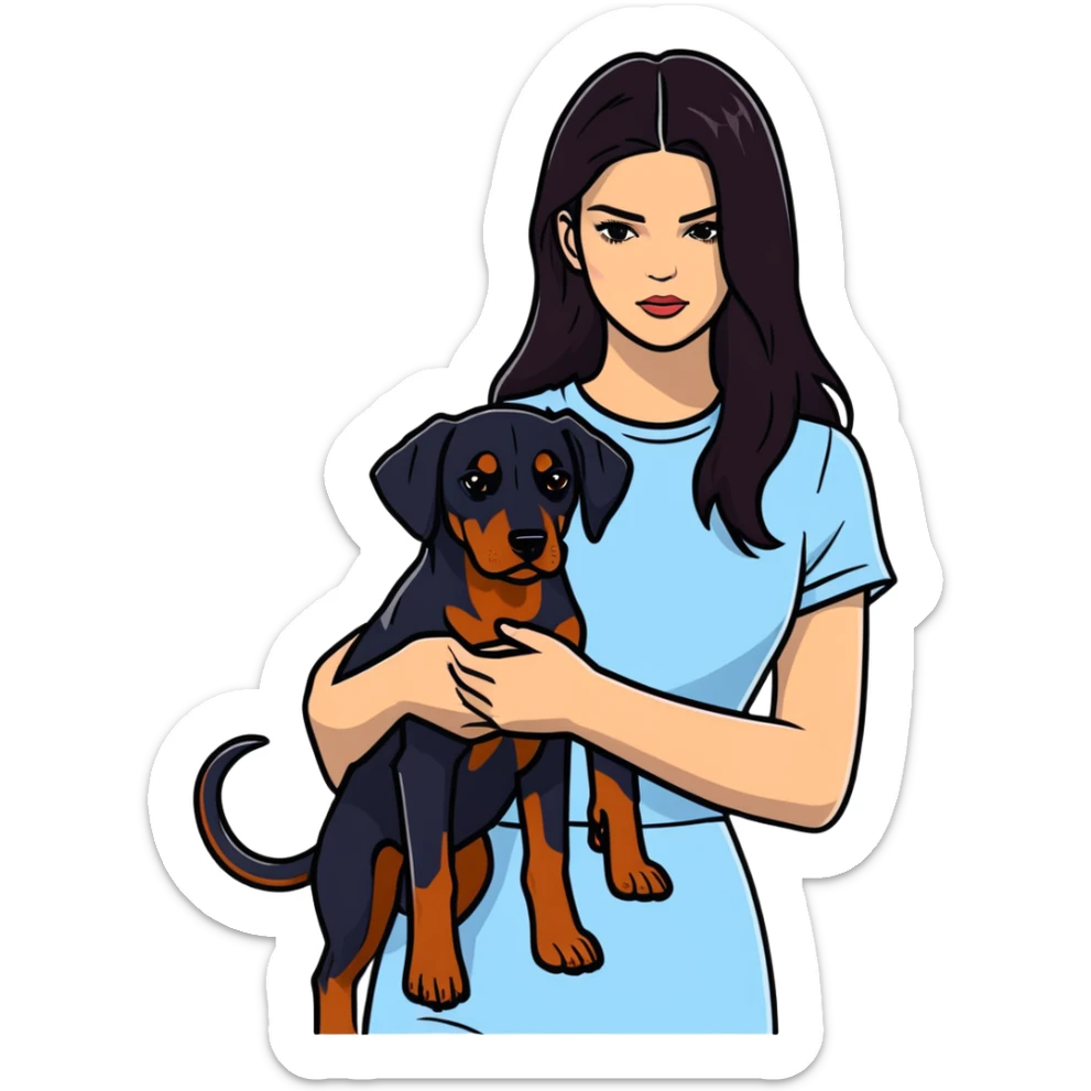 Kendall Jenner with long dark hair holds a Doberman Pinscher in her arms sticker