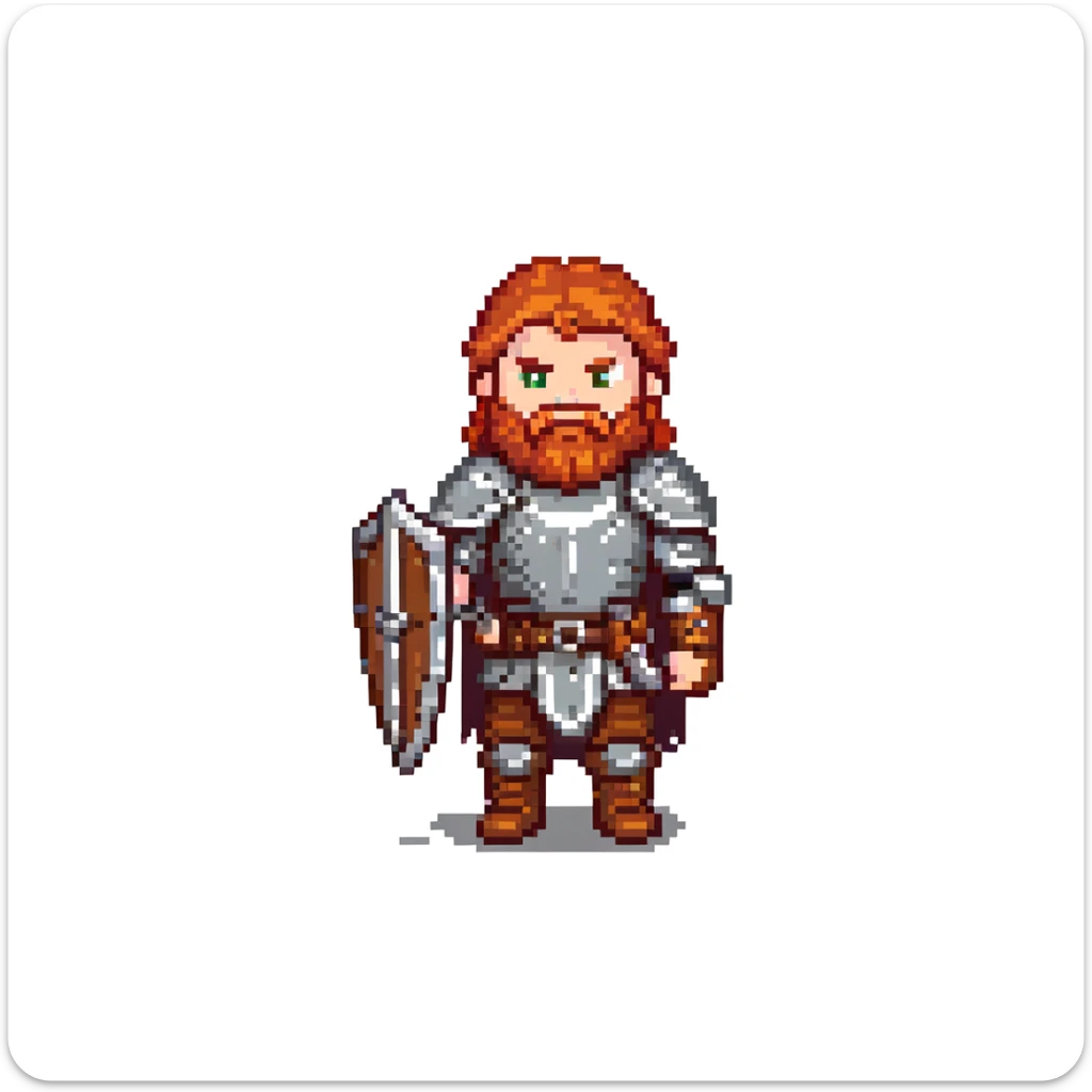 ginger viking with red hair and beard, leather and metal armor, shield and sword sticker