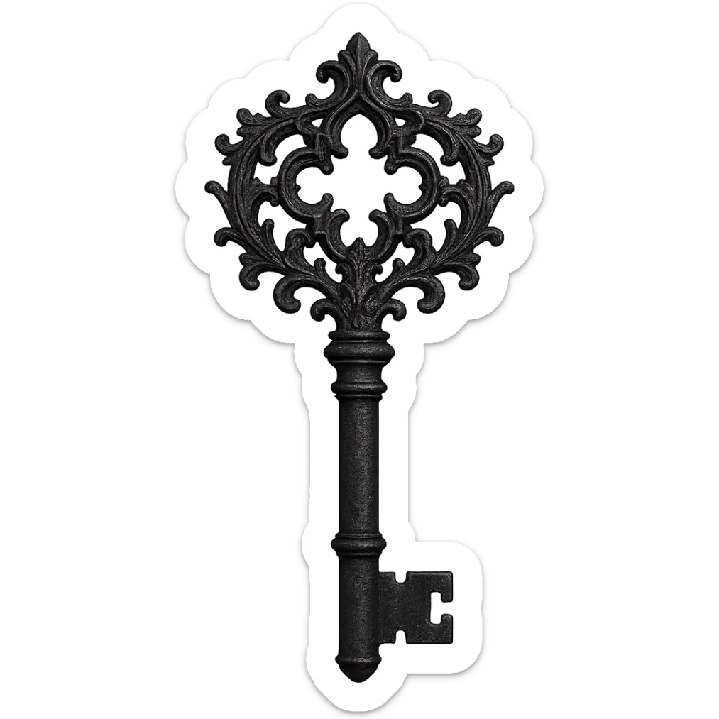 a vintage gothic key with intricate details, dark metal, gothic style, ornate and detailed sticker