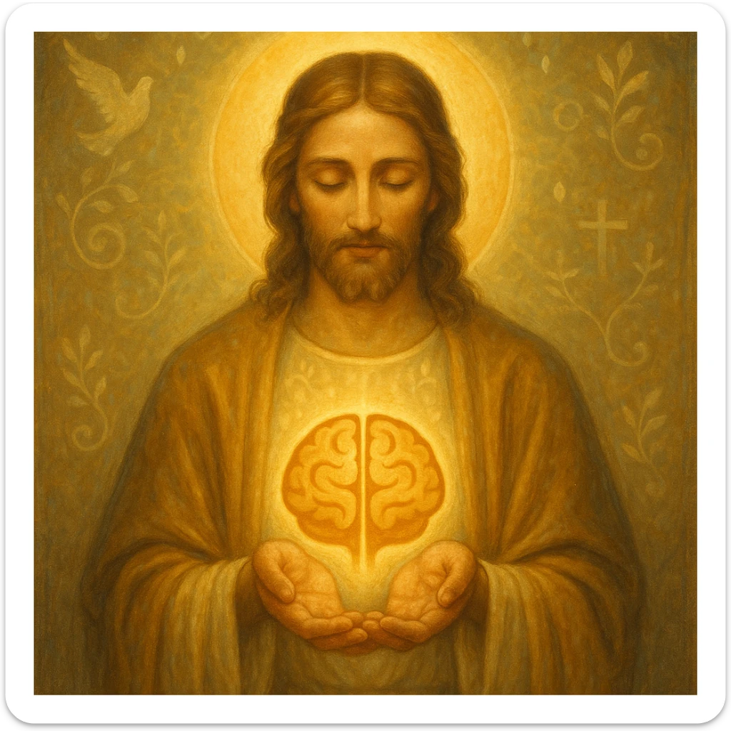 Christ Guardian of Mind, benevolent figure with soft golden glow, hands gently cradling stylized brain or mind symbol, surrounded by peaceful energy and spiritual motifs sticker