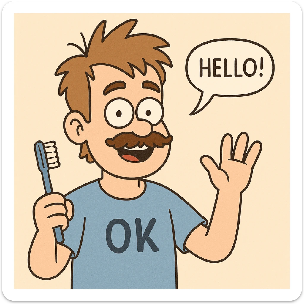 A boy brown mustache Toothbrush Bed Head hair blue ok t-shirt Ivan say hello sticker