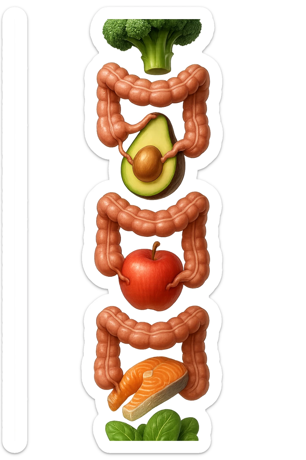 cibo sano fluttua in aria verticalmente stringendo piccoli colon umani, stile emoji iphone, iperrealistico 4k sticker