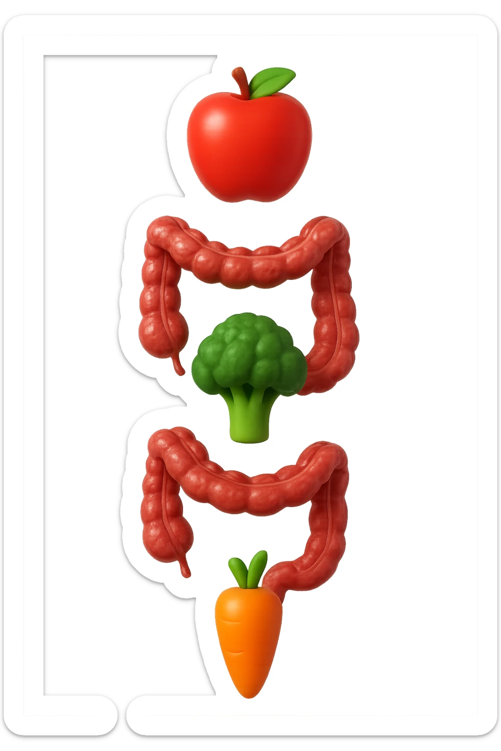 emoji stile iphone in 3d di cibo sano che fluttua in aria vericalmente insieme a pezzi di colon umano anatomico, iperrealistico 4k sticker